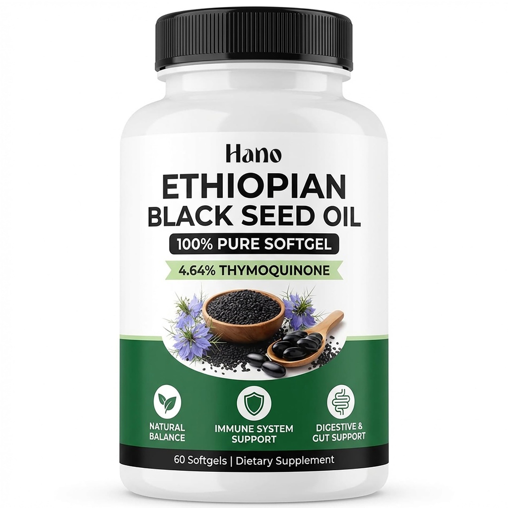 Hano Ethiopian Black Seed Oil Capsules with Cold Pressed Nigella Sativa Seed Oil, 4.64% Thymoquinone Plant Based Botanical Supplement, Non GMO, 60 Softgels (1)