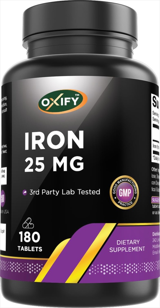 Oxify Iron 25 mg | 180 Tablets | Gluten-Free, Non-GMO | Supplement Made in USA