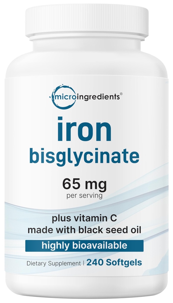 Micro Ingredients Iron Bisglycinate 65 mg Per Serving, 240 Softgels | Iron Supplement for Women & Men | Chelated Formula with Vitamin C & Black Seed Oil | Non-GMO, Gluten Free