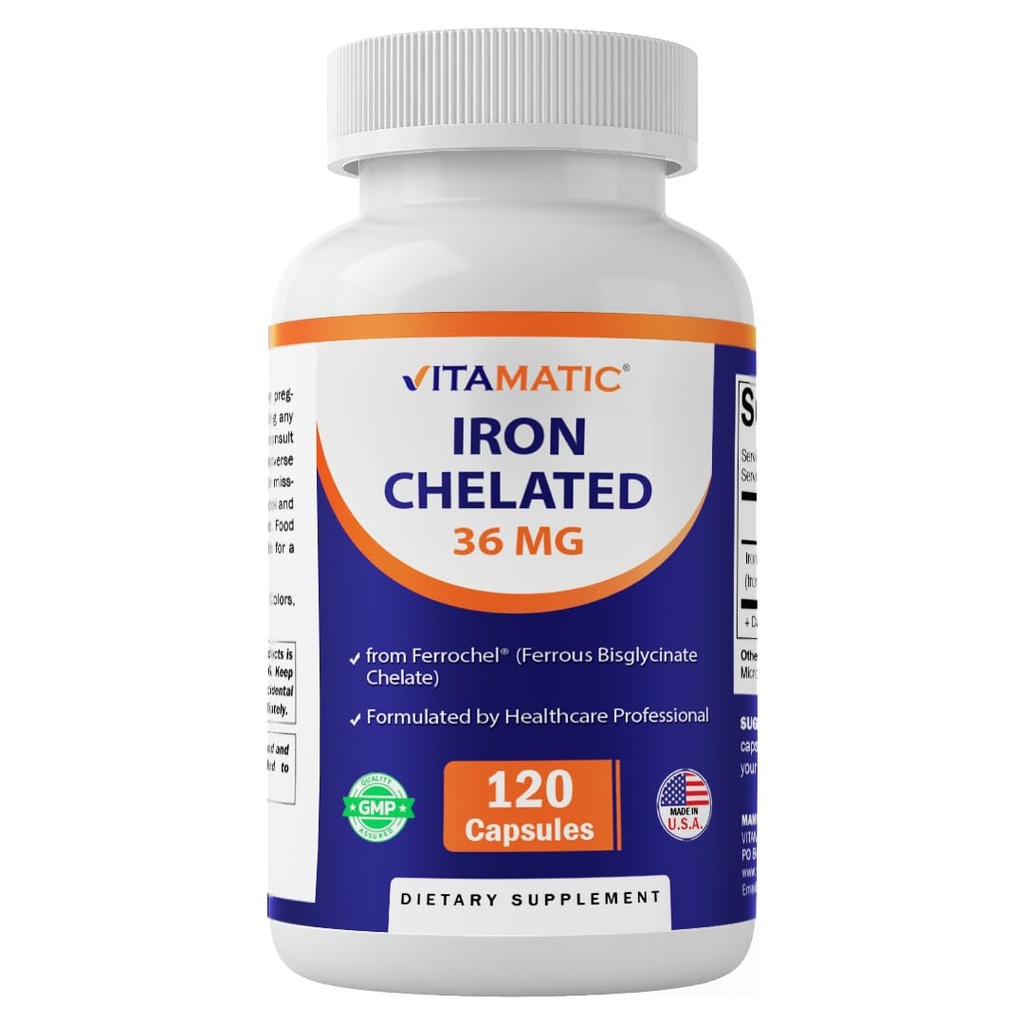 Vitamatic Chelated Iron 36 mg (from Ferrochel® Ferrous Bisglycinate Chelate) – Non-Constipating - 120 Veg Capsules - Non GMO, Gluten Free, Made in USA