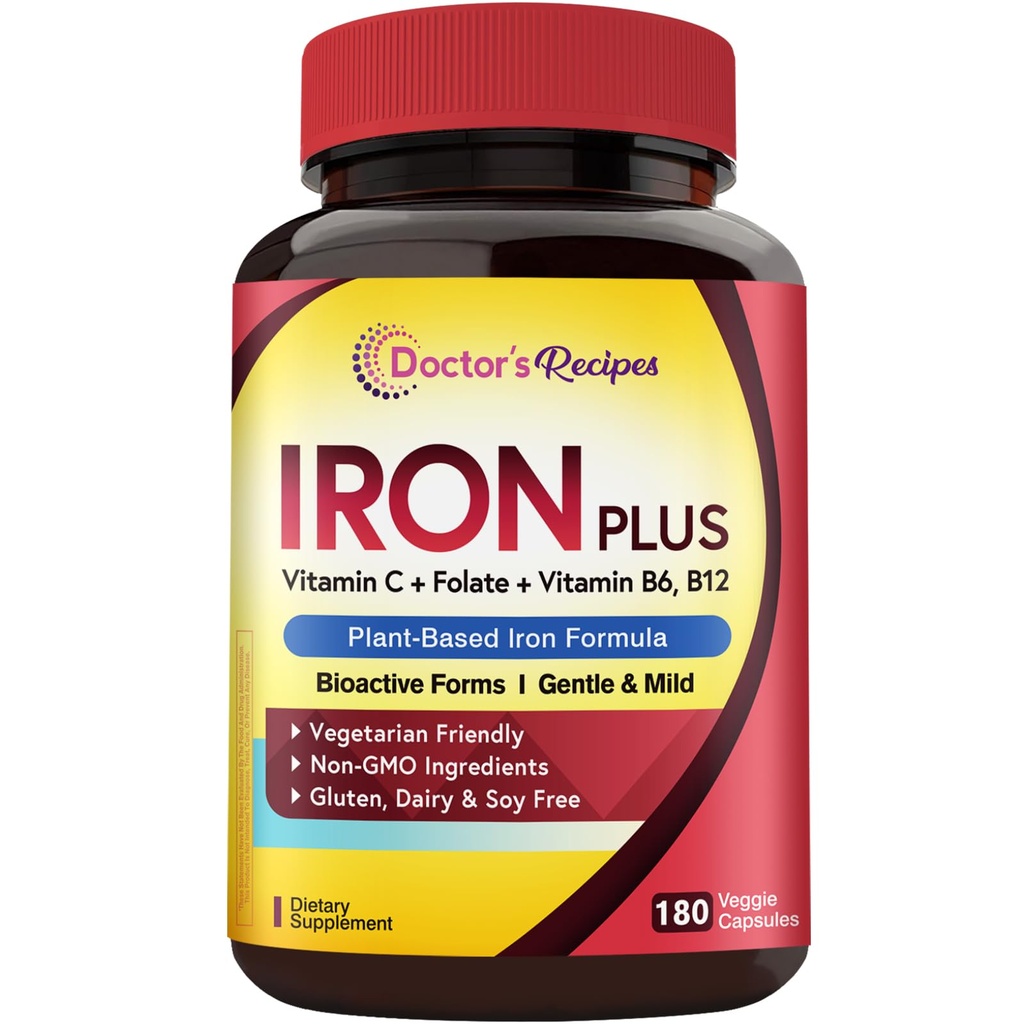 Doctor's Recipes Iron Supplement for Women Men - Gentle Iron Bisglycinate with Vitamin C, B6, Folate & B12, Stomach Friendly Iron Pills, 180 Vegan Caps