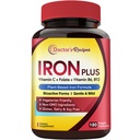 Doctor's Recipes Iron Supplement for Women Men - Gentle Iron Bisglycinate with Vitamin C, B6, Folate & B12, Stomach Friendly Iron Pills, 180 Vegan Caps