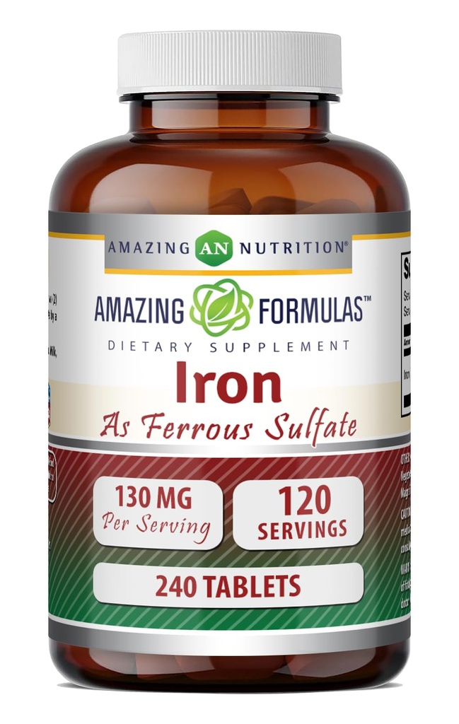 Amazing Formulas Iron as Ferrous Sulfate Supplement | 130 Mg per Serving | 240 Tablets | Non-GMO | Gluten-Free | Made in USA