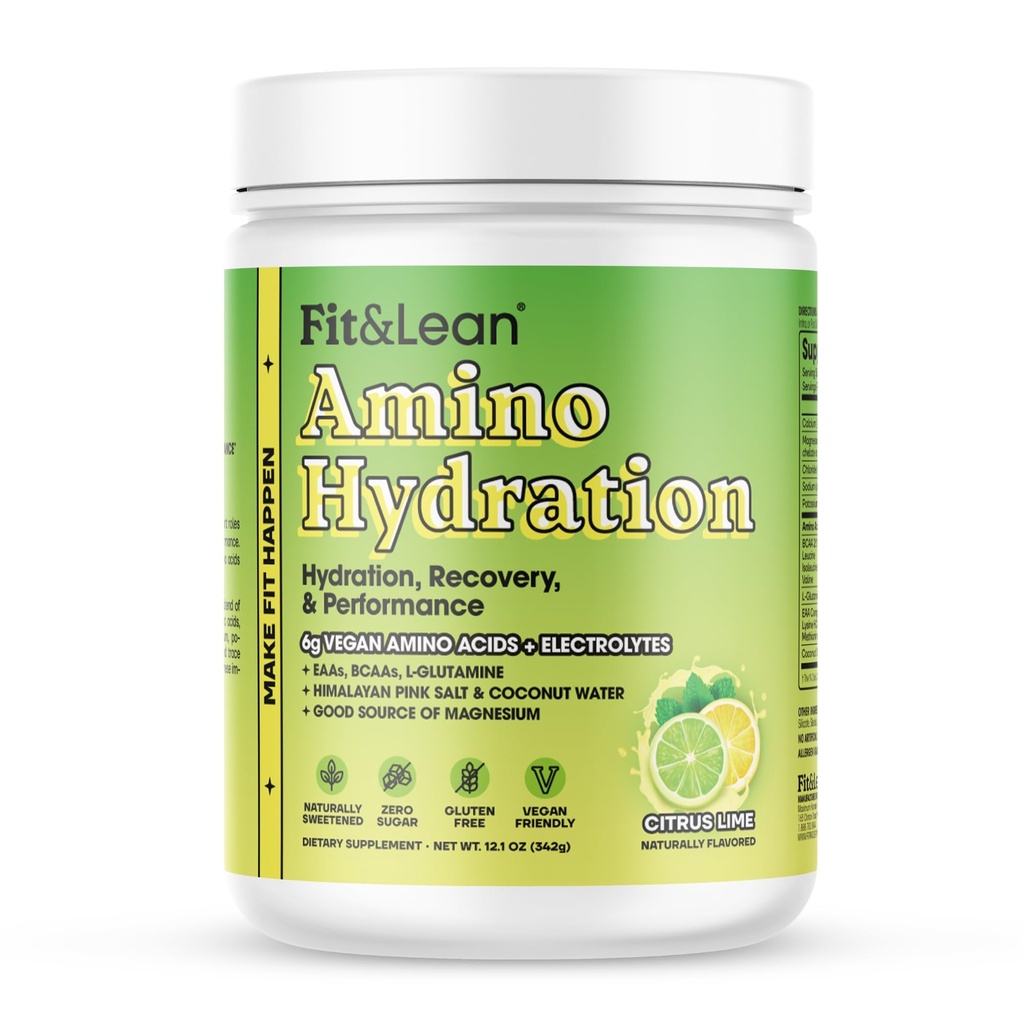 Fit&Lean Amino Hydration, Naturally Sweetened Workout Recovery Drink, 6g Vegan Amino Acids, Essential Amino Acids, EAA, BCAA, Glutamine, Electrolytes, Citrus Lime, 30 Servings