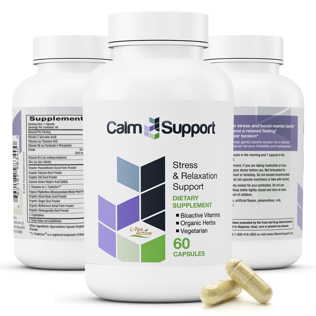 CalmSupport: Stress & Relaxation Support - Ashwagandha, Passion Flower, Valerian Root, Ginger, GABA, Velvet Bean, Motherwort, Oat Seed, L-Theanine, L-Tryptophan, Folate, C,B1,B6,B12,Zinc - 60 Capsules