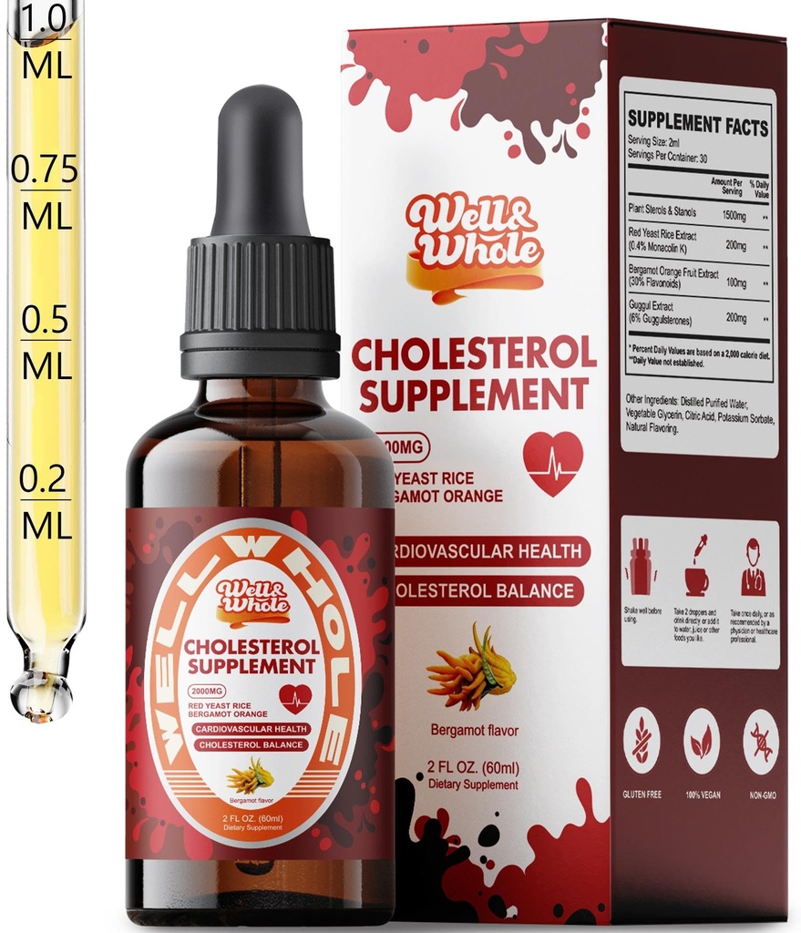 Well&Whole Plant Sterols Drops, Cholesterol Support Liquid for Adults 35+, No Pills to Swallow, Daily Heart Health Drops with Bergamot & Herbal Blend, Supports Healthy Lipid Levels