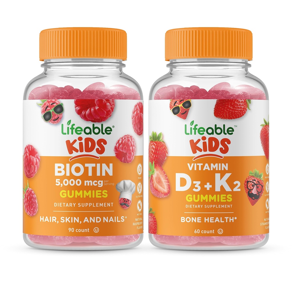 Lifeable Biotin Kids + Vitamin D3 + Vitamin K2 Kids, Gummies Bundle - Great Tasting, Vitamin Supplement, Gluten Free, GMO Free, Chewable Gummy