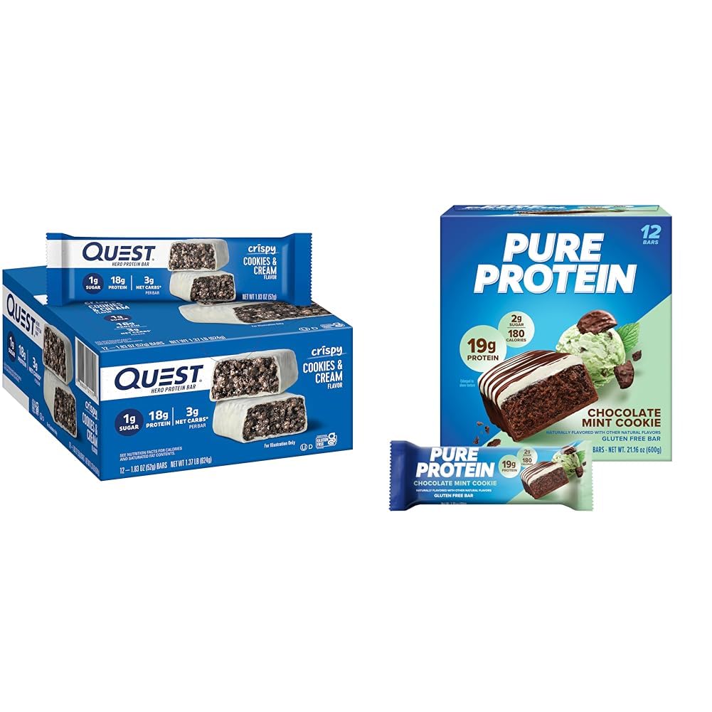 Quest Cookies & Cream Hero Protein Bar with 18g Protein, Pure Protein Chocolate Mint Cookie Bar with 19g Protein, 12 Count Each
