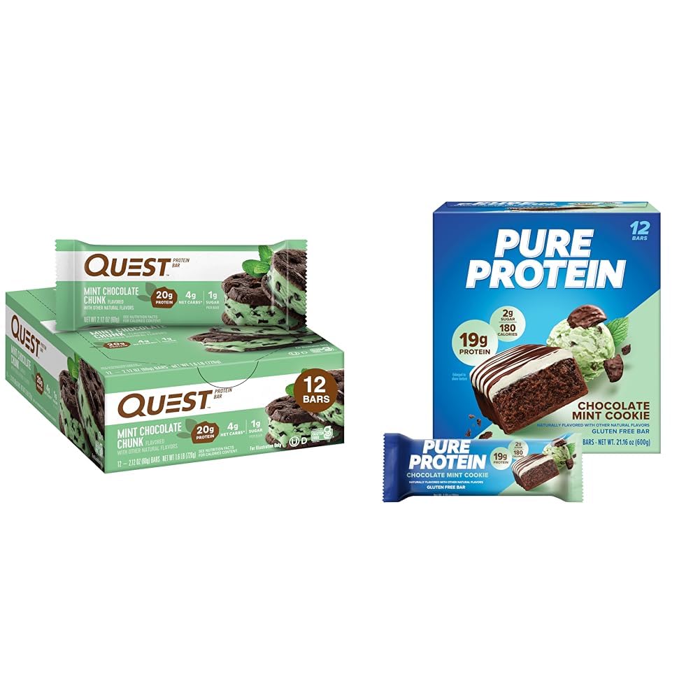 Quest Nutrition Mint Chocolate Chunk Protein Bars, 12 Count and Pure Protein Chocolate Mint Cookie Protein Bars, 12 Count Bundle