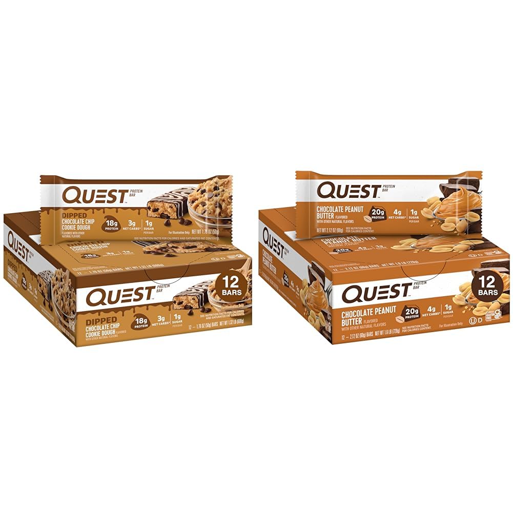 Quest Protein Bars Bundle - Chocolate Chip Cookie Dough and Chocolate Peanut Butter, High Protein, Gluten Free, 12 Count Each