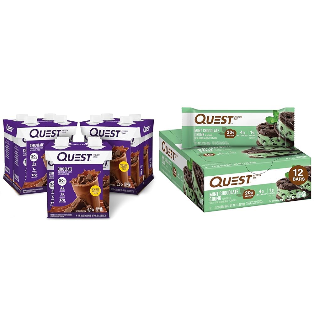 Quest Nutrition Protein Shake Chocolate 12 Pack and Mint Chocolate Chunk Protein Bars Gluten Free Keto Friendly 12 Count