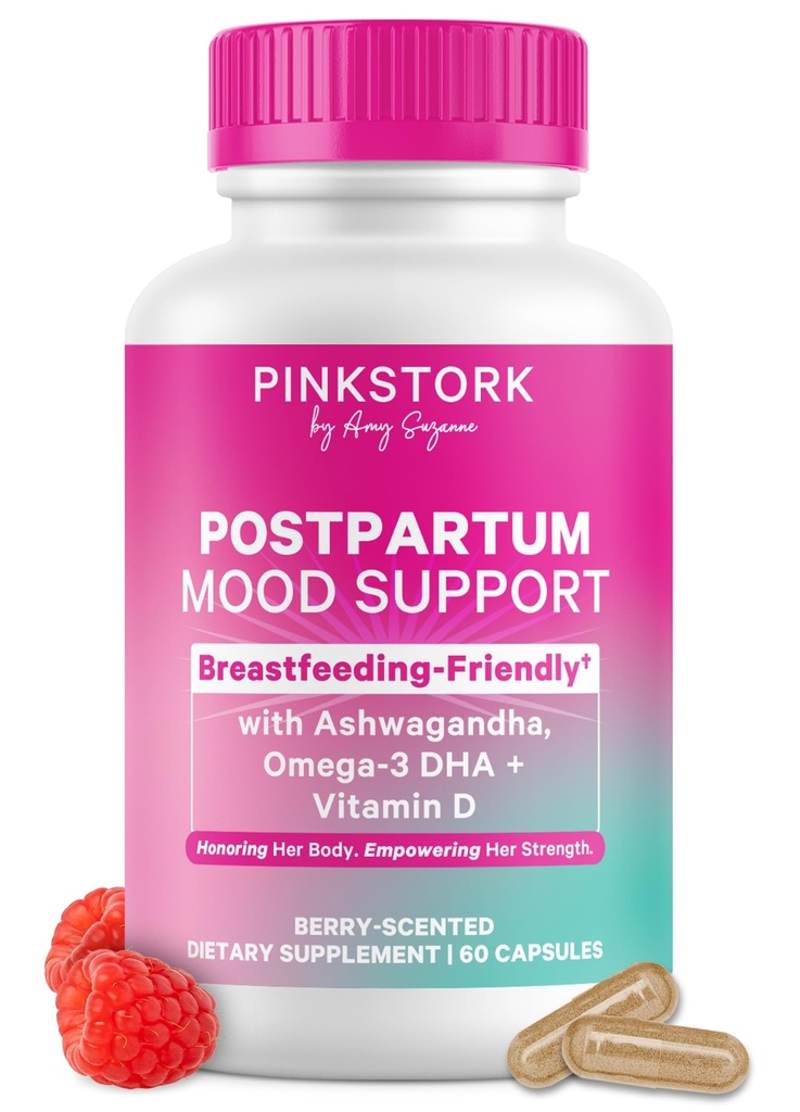 Pink Stork Postpartum Mood Support - Postnatal Hormone Balance for Women - Breastfeeding Friendly New Mom Essentials - Ashwagandha, Chamomile, & Vitamin D - Stress & Mood, 60 Capsules