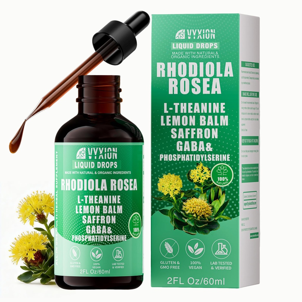 Vyxion Rhodiola Rosea Organic Extract Liquid 10-in-1 | Rhodiola, Saffron, GABA, L-Theanine | Supports Mood, Calm & Energy | 60ml, Vegan, Alcohol-Free
