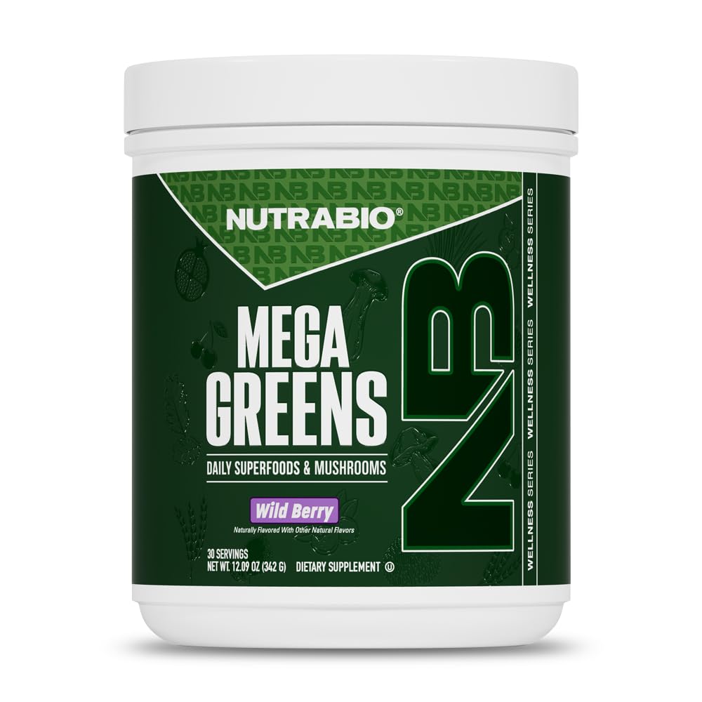 NutraBio Mega Greens- Complete Daily Super Greens Powder Superfood with Alkalizing, Energy, and Metabolic Support, Digestive Enzymes, Adaptogenic Mushrooms, Immune Defense - 30 Servings - Wild Berry