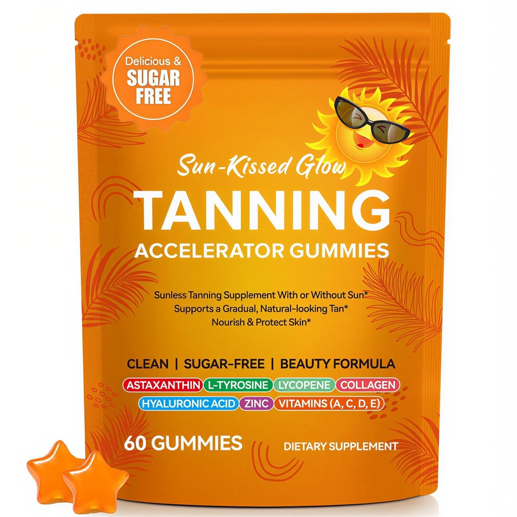 Tanning Gummies with Astaxanthin - Tanning Gummies for Women & Men - Sunless Tanning Supplement with L-Tyrosine, Lycopene, Collagen & Vitamins Vegan, Sugar-Free - 60 Count