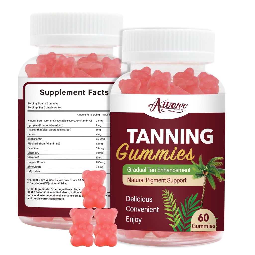 60 Count Bronze Bites Tanning Gummies for Women that Work Fast Without Sun, Self Tan Daily Chews Gummy with Beta Carotene Astaxanthin Lycopene zinc (Citrate) Vitamins for Skin Health