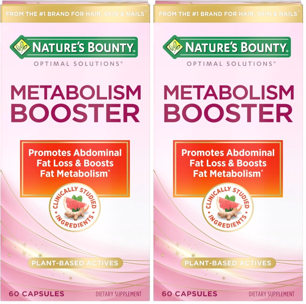 Nature's Bounty Optimal Solutions Metabolism Booster Supplement, Boosts Fat Metabolism, Promotes Abdominal Fat Loss, with Citrus Extracts and Black Ginger, 60 Capsules (Pack of 2)
