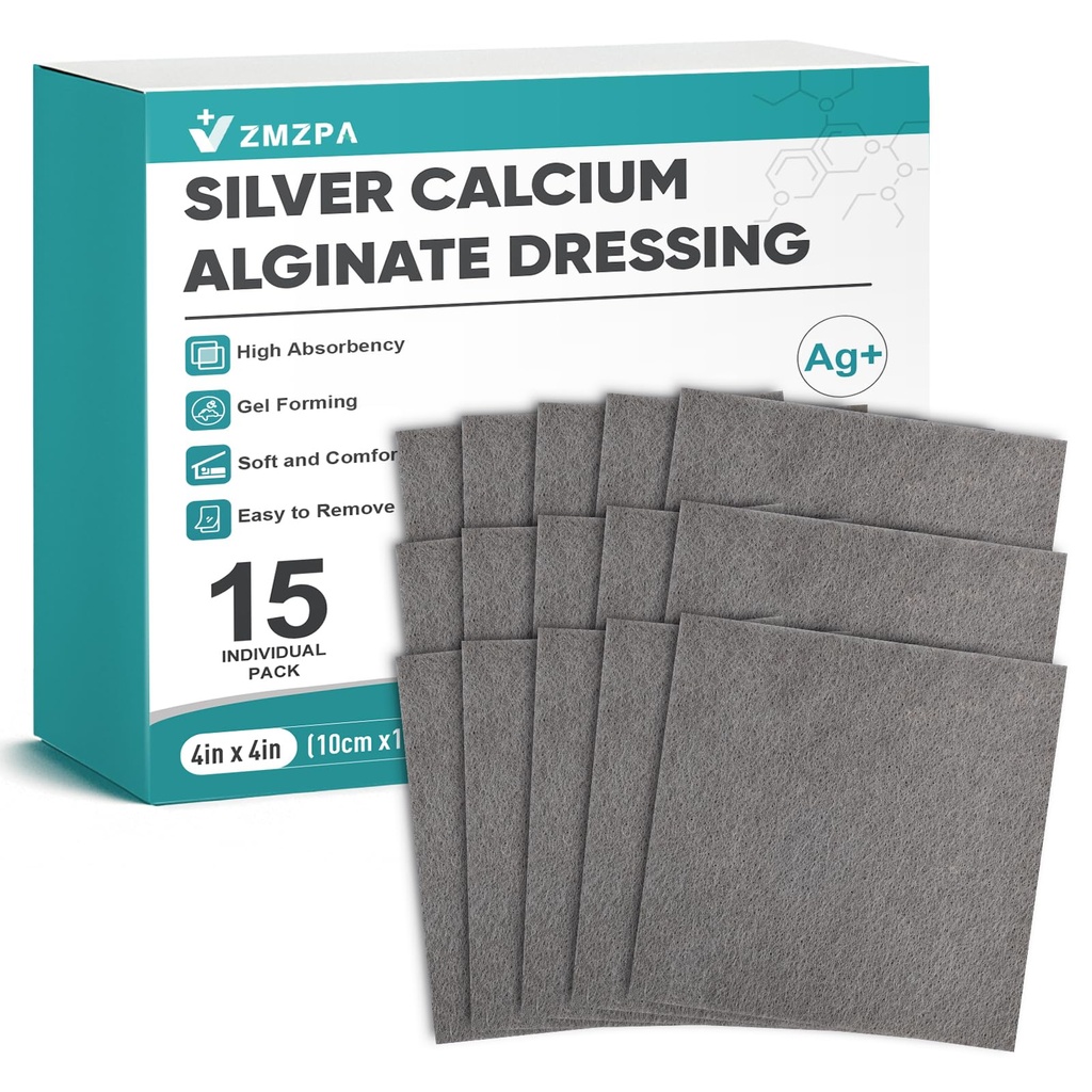 Ag Silver Calcium Alginate Wound Dressing 4" x 4", Non Stick Pads for Wounds, Soft Silver Dressing for Wound Care, Highly Absorbent Dressing Gauze Pads, 15 Packs