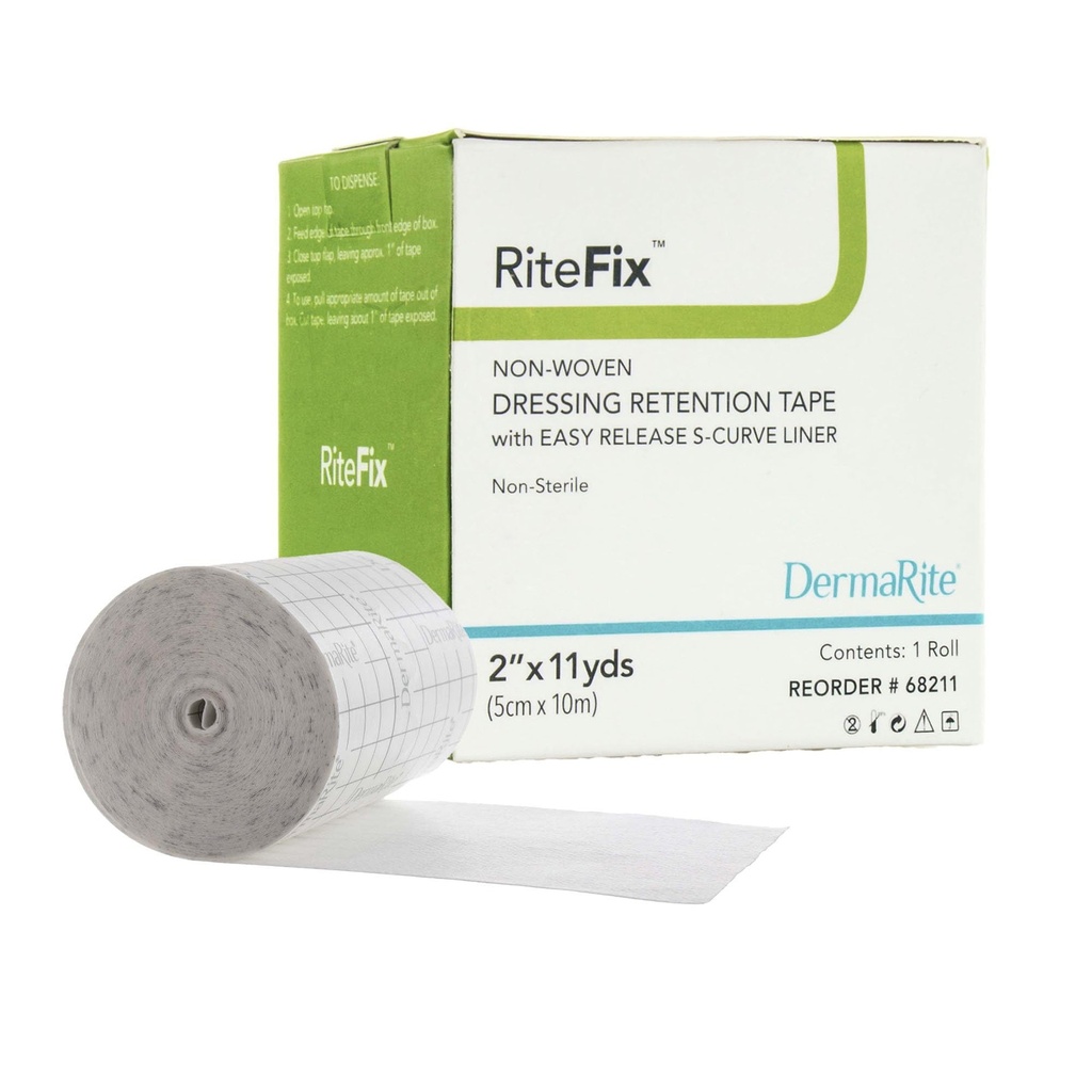 DermaRite's RiteFix Non-Woven Dressing Retention Tape - Hypoallergenic Adhesive, Easy Release S-Curve Liner - 2 in. x 11 yds., 1 Roll
