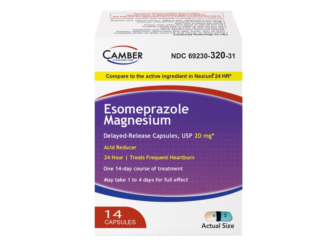 Camber Esomeprazole Magnesium USP 20mg, Delayed Release Capsules, Treats Frequent Heartburn (14 Count)