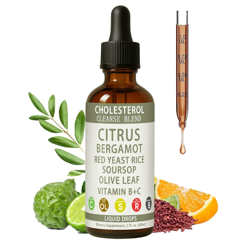 Red Yeast Rice Drops, Citrus Bergamot Red Yeast Rice, High Absorption Cholesterol Support Blend with Red Yeast Rices, Citrus Bergamot, Olive Leaf & Soursop, Natural, Non-GMO, Vegan - 2 fl oz