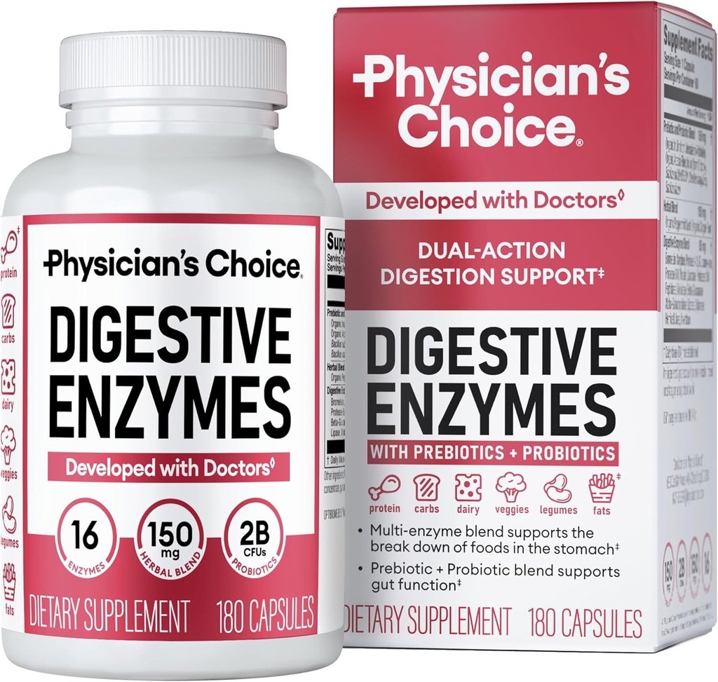 Physician's CHOICE Digestive Enzymes - Multi Enzymes, Organic Prebiotics & Probiotics for Digestive Health & Gut Health - Meal Time Discomfort Relief & Bloating - Dual Action Approach - 180 CT