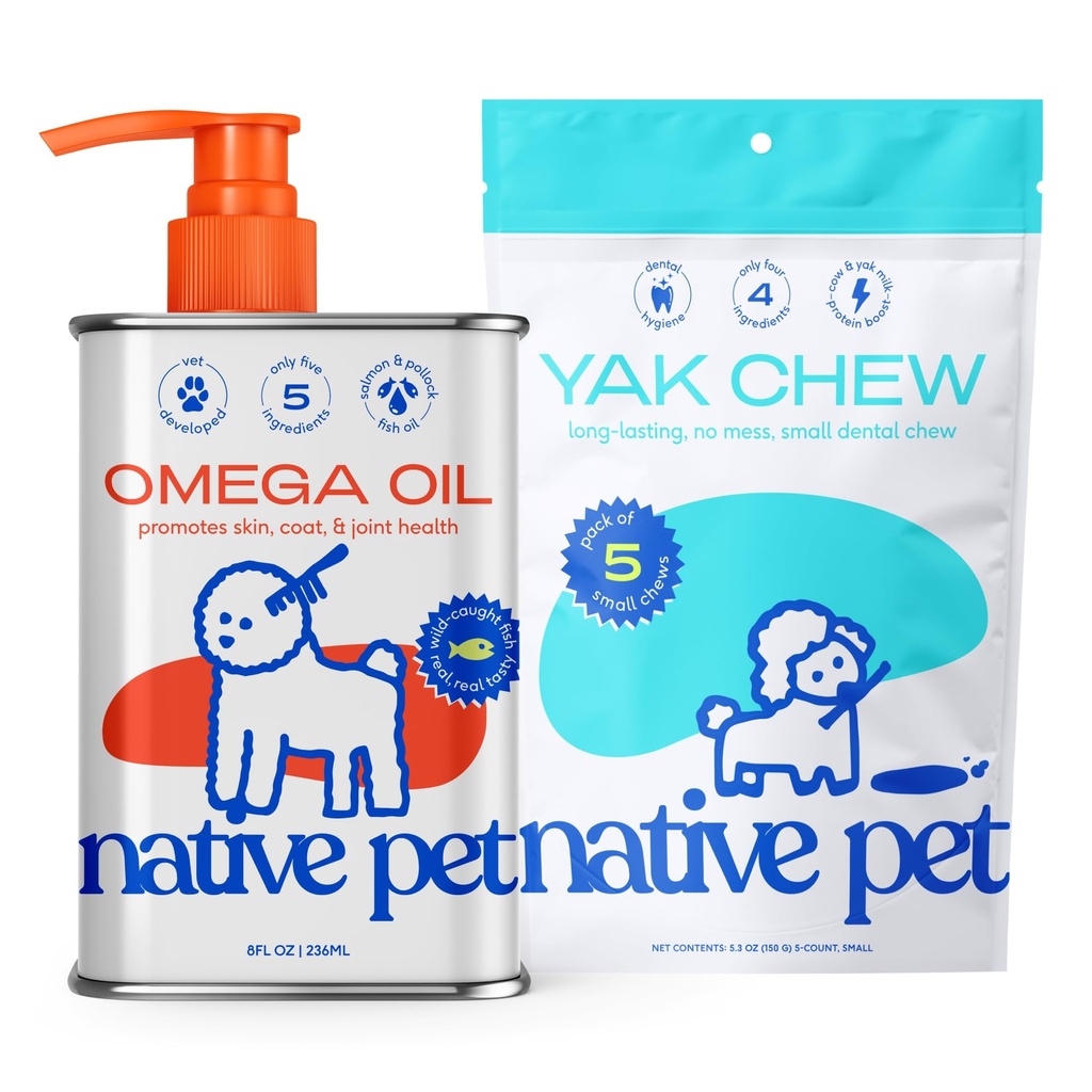 Native Pet Omega Oil for Dogs - Fish Oil Supplements 8 Oz & 5 Small Yak Chews for Dogs | Pasture-Raised and Organic Yak Cheese Himalayan Churpi Sticks