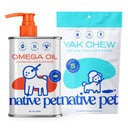 Native Pet Omega Oil for Dogs - Fish Oil Supplements 8 Oz & 5 Small Yak Chews for Dogs | Pasture-Raised and Organic Yak Cheese Himalayan Churpi Sticks