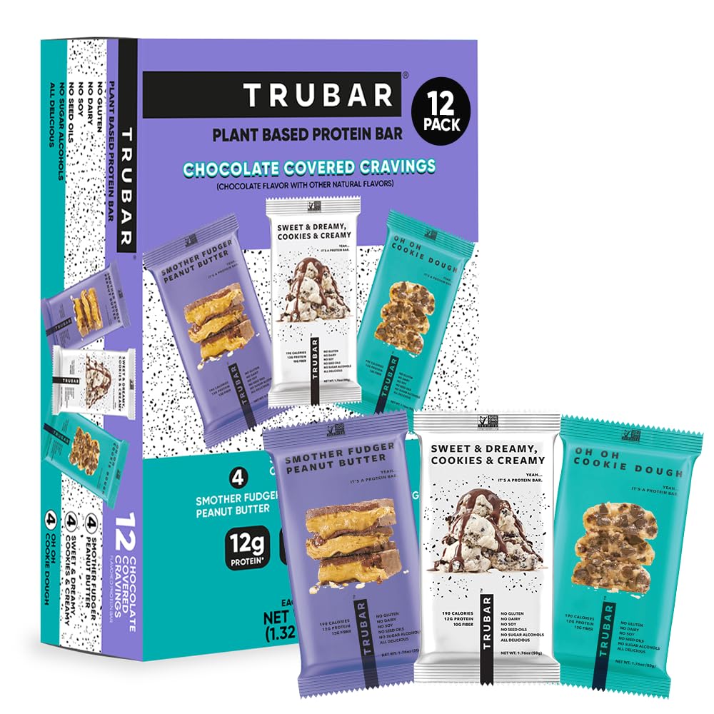 TRUBAR Vegan Protein Bars, Chocolate Covered Cravings Variety Pack, Peanut Butter, Cookies & Cream, & Cookie Dough, Gluten Free, Plant Based, High Fiber, Dairy Free, On the Go Healthy Snacks, 12 Count