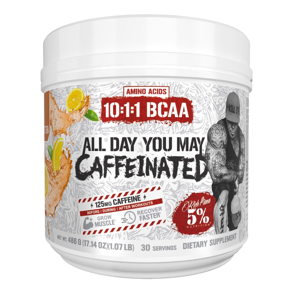 5% Nutrition Rich Piana AllDayYouMay Caffeinated BCAA Energy Powder | Premium Pre Workout Amino Energy & Electrolytes | Hydration, Endurance & Recovery | 16.3 oz, 30 Servings (Southern Sweet Tea)
