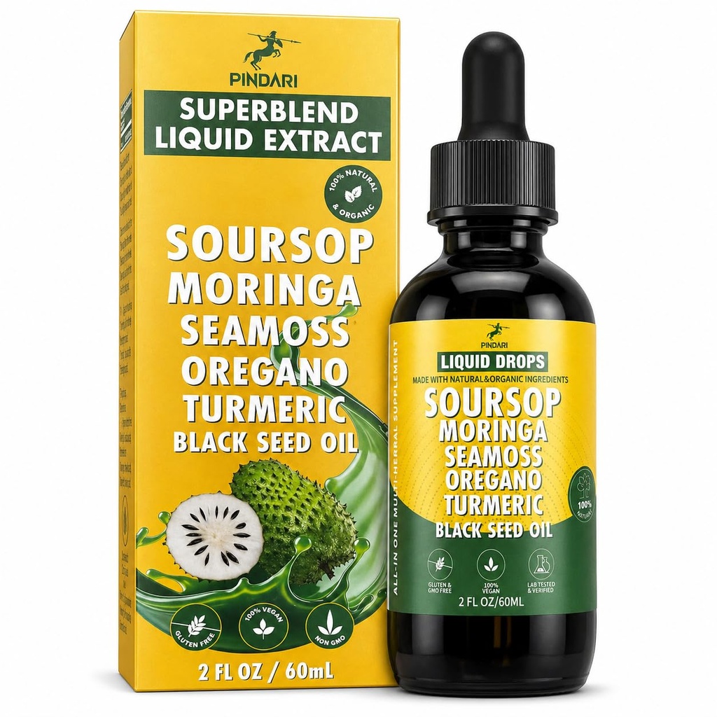 Pindari Super Blend Liquid Drops 2 Fluid Ounces | Herbal Supplement | Soursop | Moringa | Seamoss | Oregano | Turmeric | Black Seed Oil | Ashwagandha | Vitamins D and C
