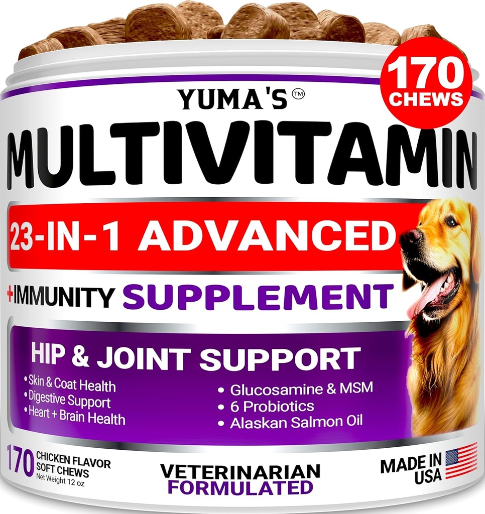 Câine Multivitamine Chewable cu Glucosamină - Vitamine și suplimente de câine - 170 Tratamente - Senior & catelus Multivitamine pentru câini - Hip & Suport comun - Sănătate imună, Piele, Inimă, Digestie, Probiotice