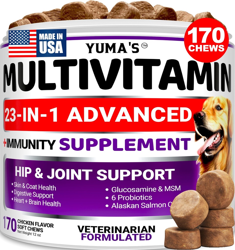 Dog Vitamins and Supplements - 170 Treats - Dog Multivitamin Chewable with Glucosamine - Senior & Puppy Multivitamin for Dogs - Hip & Joint Support - Immune Health, Skin, Heart, Digestion, Probiotics