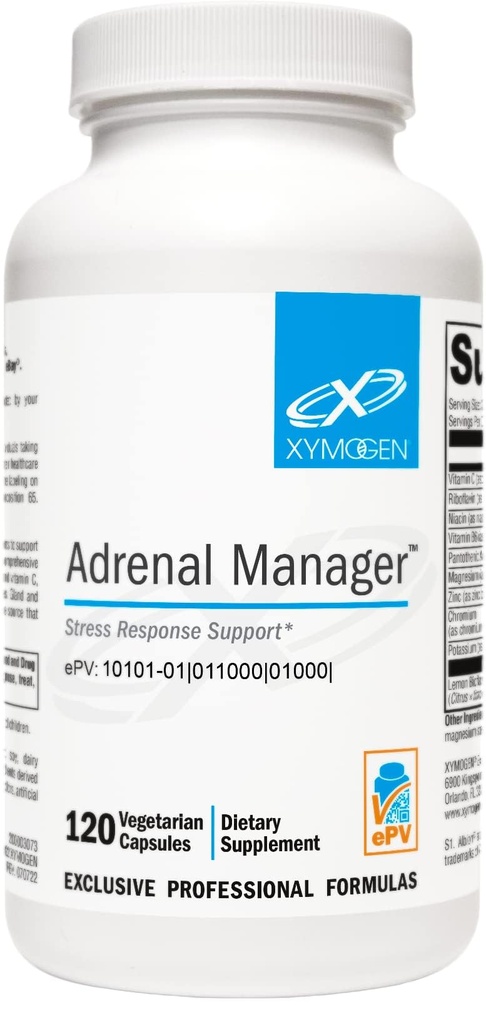 XYMOGEN Adrenal Manager - Adrenal Health Supplement for Everyday Stress Support - Argentinian Bovine Tissues - Pantothenic Acid, Vitamin C, Vitamin B6 - Dairy-Free & Gluten-Free - 120 Capsules
