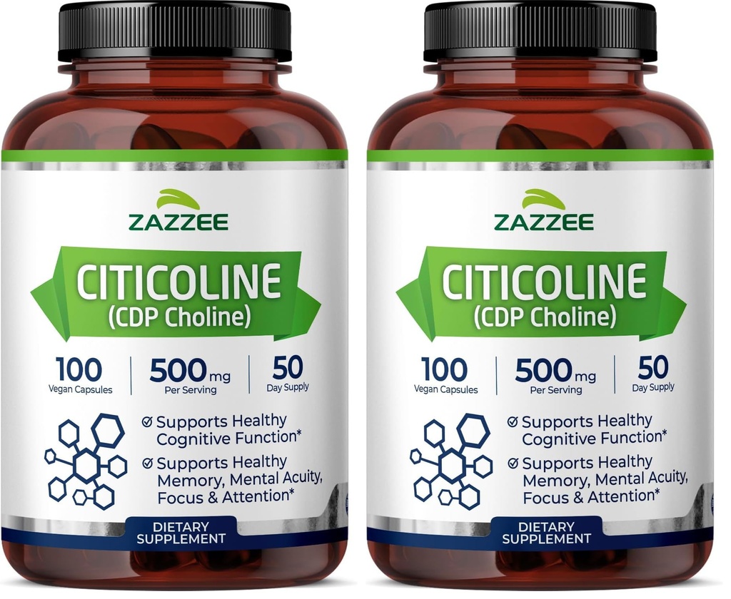 Zazzee Extra Strength Citicoline, 500 mg per Serving, 100 Vegan Capsules, Superior CDP Choline Form, 100% Vegetarian and Pharmaceutical Grade, 50-Day Supply, All-Natural and Non-GMO (Pack of 2)