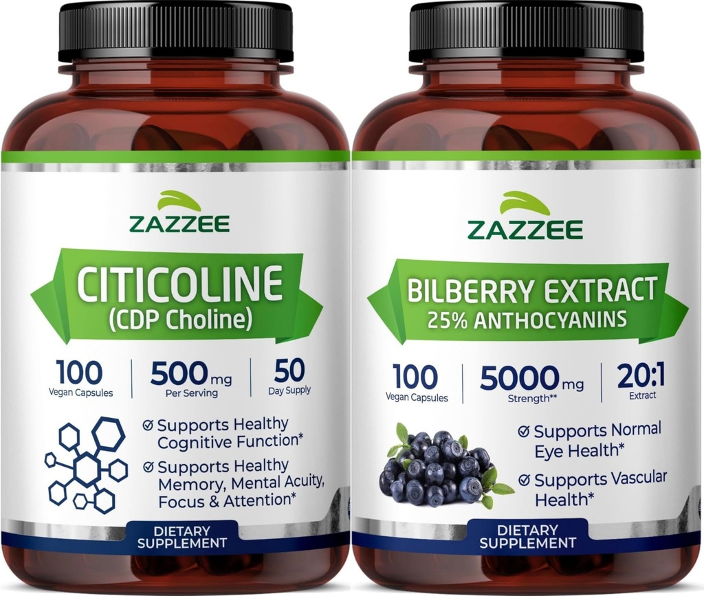 Zazzee Cognitive Brain Health & Vision Support Bundle | Extra Strength Bilberry 20:1 Extract & CDP Choline Capsules | Non-GMO Vegan & ISO Lab Tested