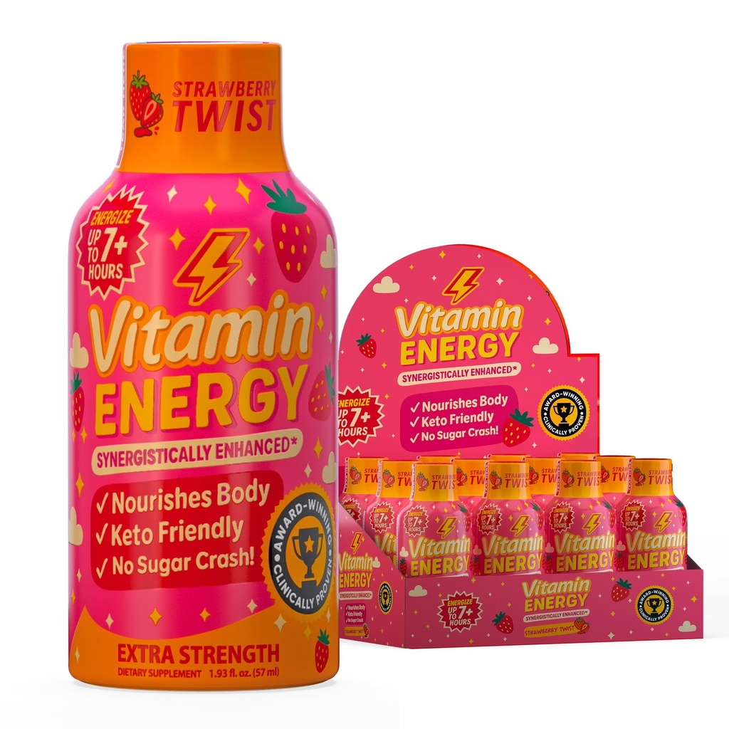 Vitamin Energy Immune+ Extra Strength Energy Shot Strawberry Twist 12 Pack, 260mg Natural Caffeine, B-Vitamins, Citicoline, Green Tea, Immunity & Focus Support, Zero Sugar, Gluten-Free 1.93 fl oz