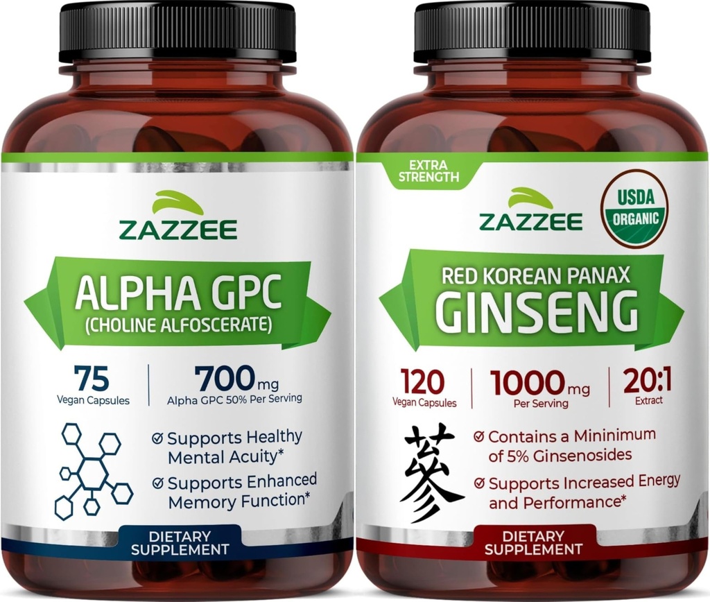Herbal Cognitive Support Bundle | USDA Organic Korean Panax Ginseng Extract Plus Alpha GPC Choline Capsules | Non-GMO Vegan & ISO Lab Tested