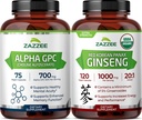 Herbal Cognitive Support Bundle | USDA Organic Korean Panax Ginseng Extract Plus Alpha GPC Choline Capsules | Non-GMO Vegan & ISO Lab Tested