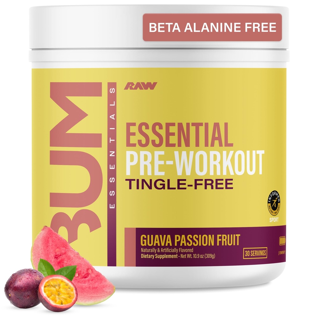 RAW Essential Tingle-Free Pre Workout Powder - Preworkout Without Beta-Alanine for Clean Energy & Focus - Workout Supplement with 200mg of Natural Caffeine - Guava Passion Fruit - 30 Servings