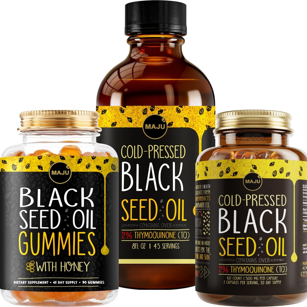 Maju Superfoods Black Seed Oil 3-in-1 Bundle, Gummies, Capsules, & Liquid