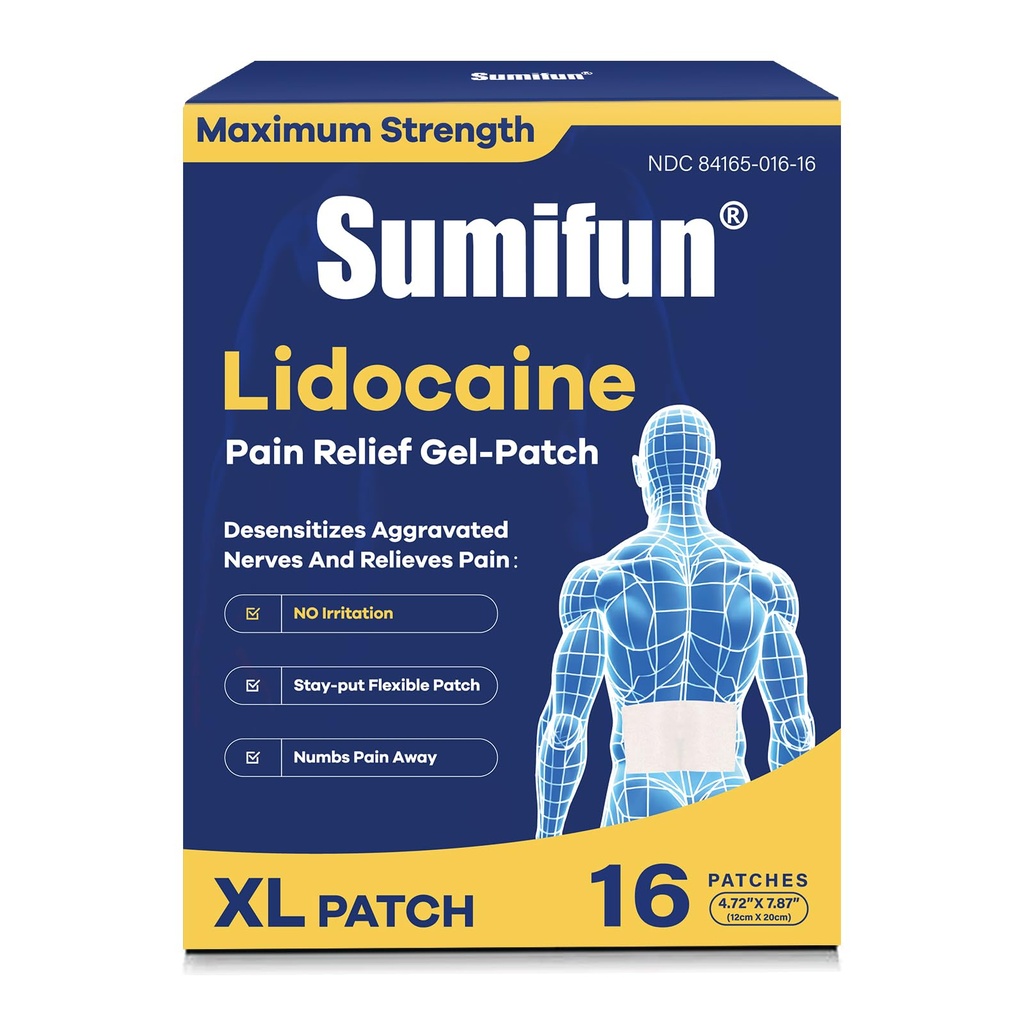Sumifun XL 4% Lidocaine Patches, Maximum Strength OTC Numbing, Extra Large 4.72"x7.87" Pain Patches for Full Back, Leg Pain, Long-Lasting 8-Hour Pain Relief (Extra Large, Count, 16)