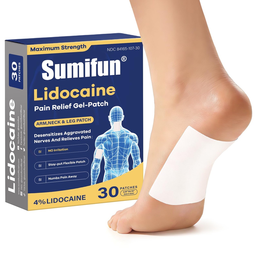 Sumifun 4% Lidocaine Patches - Plantar Fasciitis Relief, Foot & Neck & Arm & Small Pain Areas - Maximum OTC Strength - Stays in Place (Small, Count, 30)