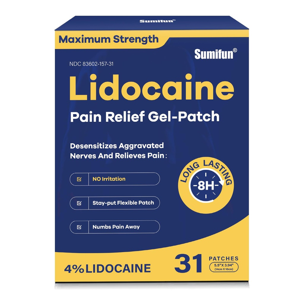 Sumifun 4% Lidocaine Patches Maximum Strength - Pain Relieving Gel Patch for Muscle Soreness, Back Ache, Knee, Neck & Joint Pains - Topical Analgesic (Large, Count, 31)
