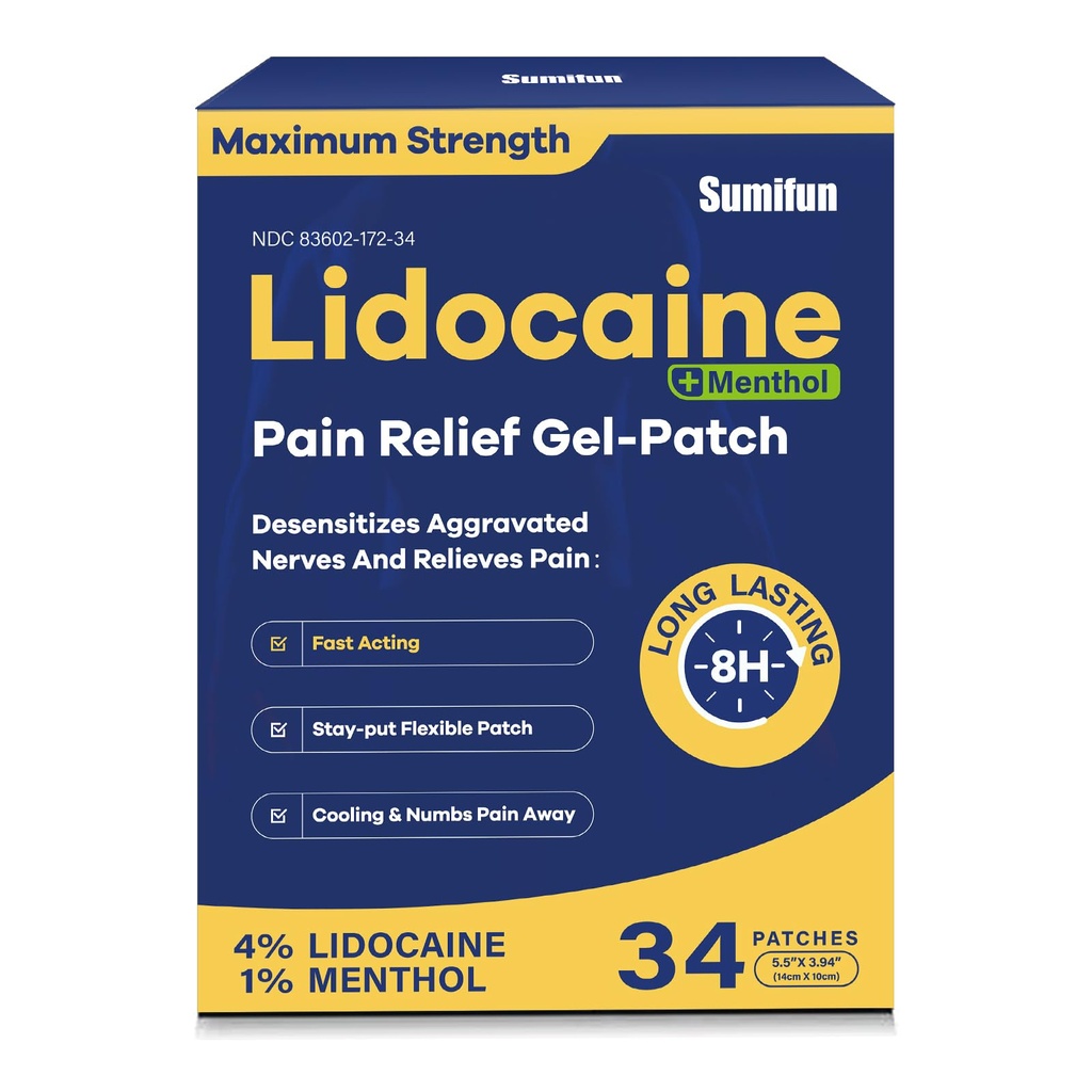 Sumifun 4% Lidocaine + 1% Menthol Pain Relief Patches, Maximum OTC Strength Patches for Back, Neck, Knee, Joint Pain Relief, Long-Lasting & Cooling Therapy, Large (34)