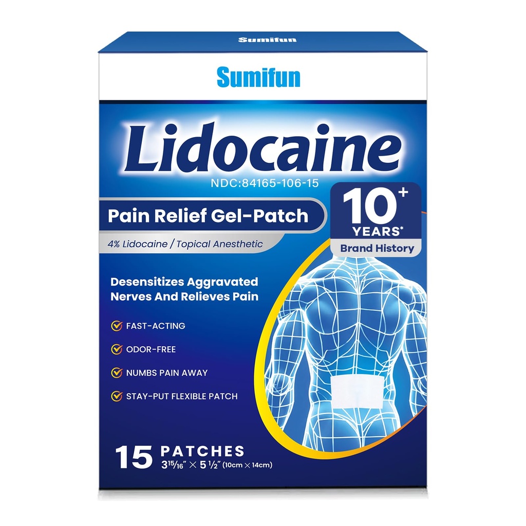 Sumifun Lidocaine Numbing Pain Patches - 15 Counts Maximum OTC Strength Pain Relief for Simple Backache, Muscle Sore, Joint Pain, Sprain, Strain - 5 1/2" X 3 15/16", Fast Acting & Long Lasting 8 Hours