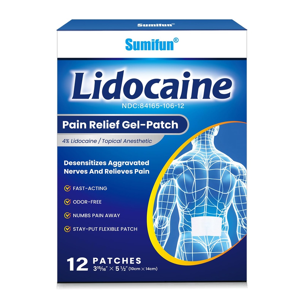Sumifun Lidocaine Numbing Pain Patches - Maximum OTC Strength Pain Relief for Simple Backache, Muscle Sore, Joint Pain, Sprain, Strain, Fast Acting & 8 Hours Long Lasting (Large, 12 Count)