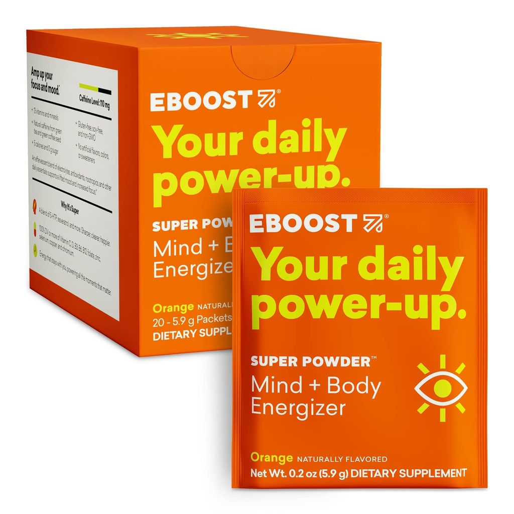 EBOOST Super Powder Drink Mix - Orange 0.2 oz 20 Pack Hydration Energizer Electrolytes Powder - 13 Vitamins & Minerals - 110 mg Caffeine - 0 Added Sugar - No Artificial Flavors or Sweeteners