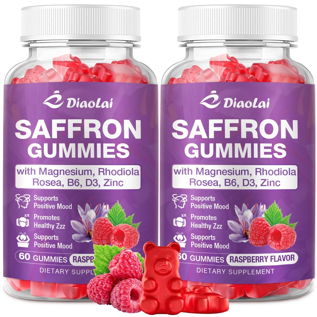 Max Strength Saffron Gummies 88.5mg with Magnesium, St. John's Wort & Rhodiola for Mood Support, Focus - Sugar-Free, 120 Count