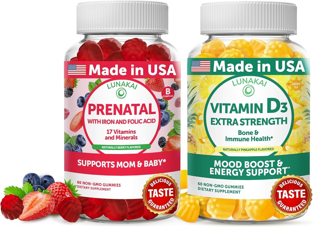 Lunakai Prenatal ja Vitamiin D3 Gummies Bundle - Rasedus Multivitamiini Kummi Raud ja foolhape - Immuunsus, Luu ja Mood Support Supplement täiskasvanutele - 30 päeva pakkumine